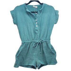Ninexis Teal Cotton Gauze Henley Romper Short Sleeve Drawstring Waist Small
